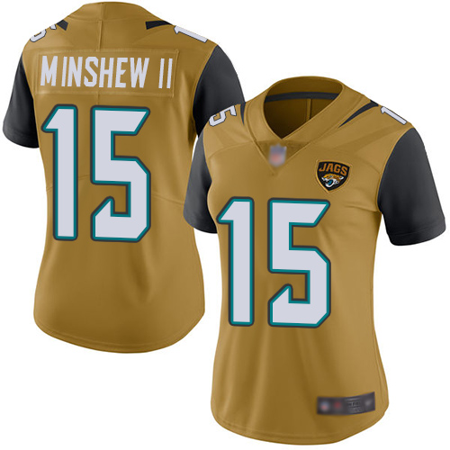 Nike Jacksonville Jaguars #15 Gardner Minshew II Gold Women Stitched NFL Limited Rush Jersey->women nfl jersey->Women Jersey